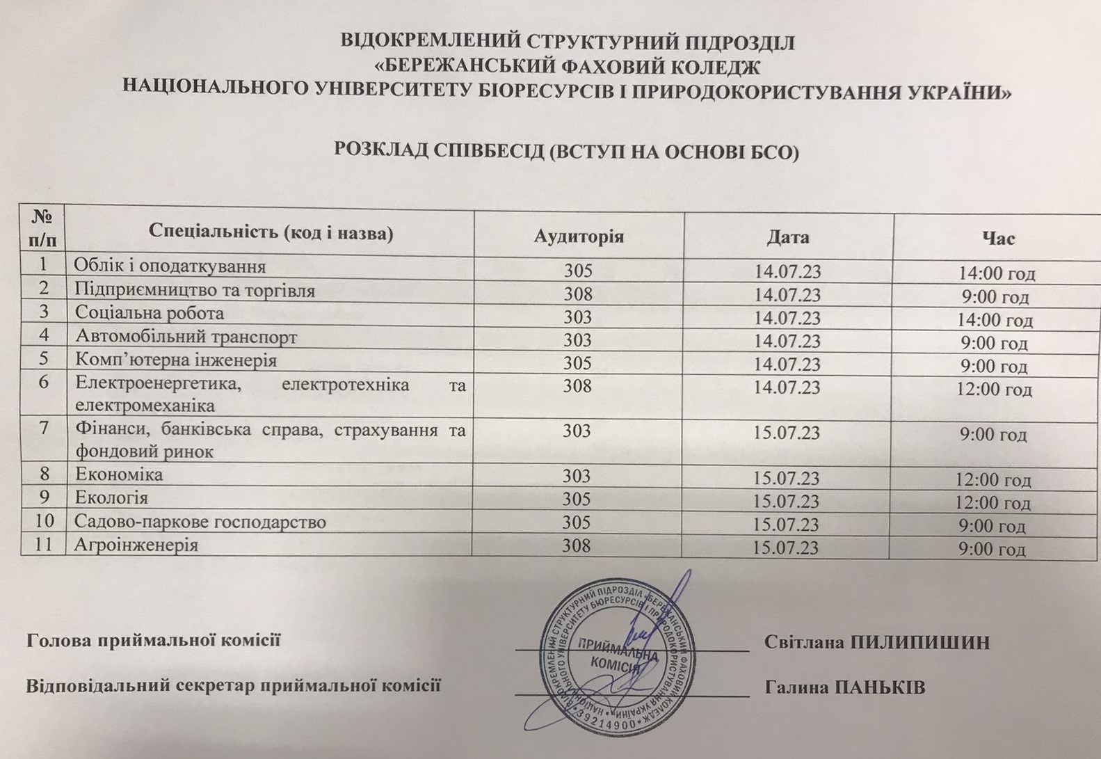 РОЗКЛАД СПІВБЕСІД (ВСТУП НА ОСНОВІ БСО)